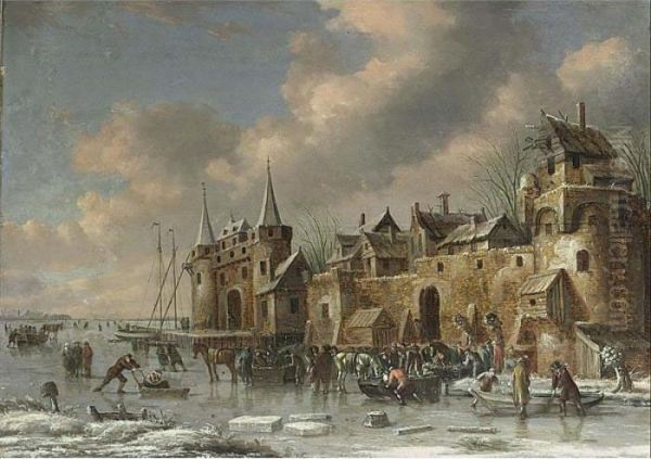 A Winter Landscape With Skaters On A Frozen River Outside A Fortified City Wall Oil Painting by Thomas Heeremans