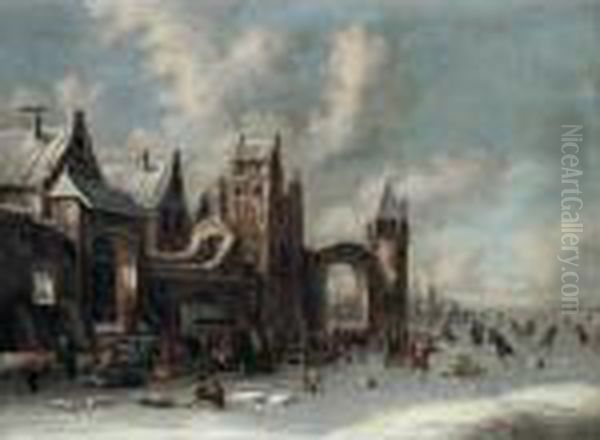 A Winter Landscape With Figures Skating On A Frozen River By A Town Oil Painting by Thomas Heeremans