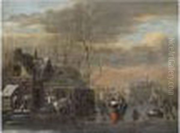 A Winter Landscape With Figures Skating On A Frozen Moat Oil Painting by Thomas Heeremans