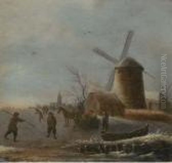 A Winter River Landscape With Skaters On The Ice By Awindmill Oil Painting by Thomas Heeremans