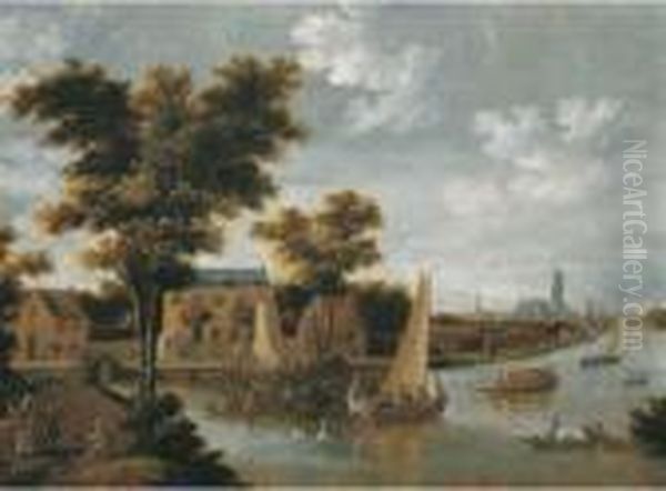 A View Of The Zwaenseiland And The River Zwaenhals, Rotterdam, Thest. Laurenskerk Beyond Oil Painting by Thomas Heeremans