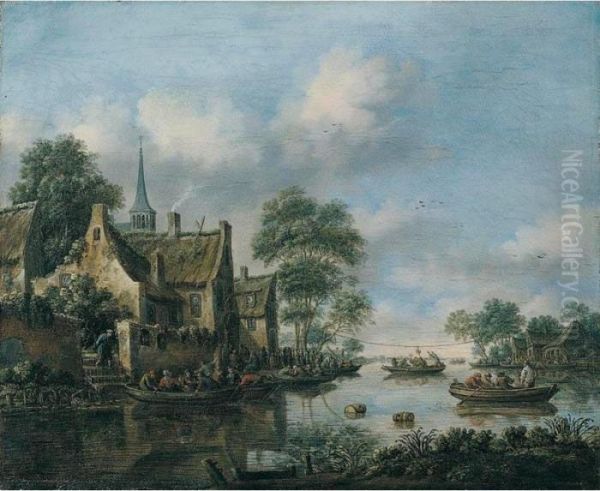 A River Landscape With Many 
Figures In Small Boats And On The Bank Near An Inn, A Game Of ``pulling 
The Goose' Beyond Oil Painting by Thomas Heeremans