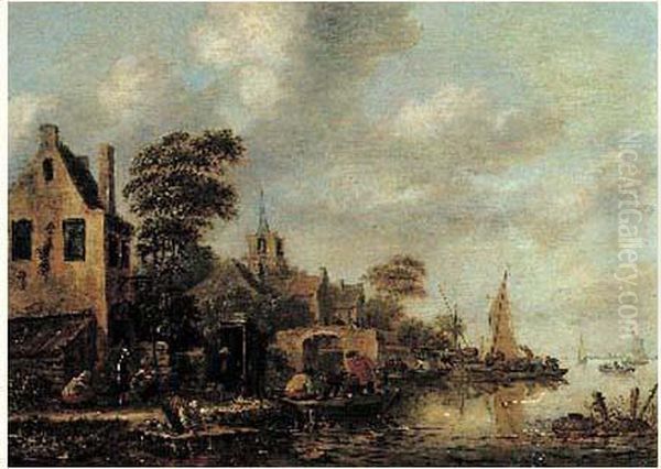 Village Au Bord D'une Riviere Anime De Nombreux Personnages Oil Painting by Thomas Heeremans