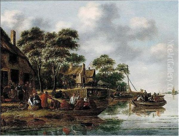 River Scene With Figures In Ferries, Others Gathered Before A Tavern Oil Painting by Thomas Heeremans