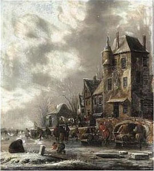 A Winter Scene With Figures Skating On A Frozen River Before Houses Oil Painting by Thomas Heeremans