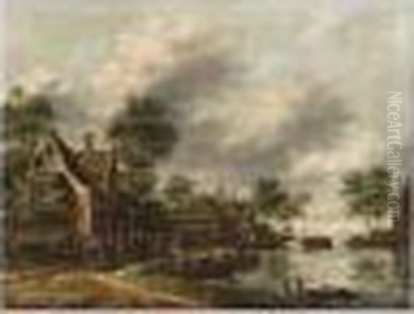 A River Landscape With A Village Kermesse And 'ganzentrekken' Oil Painting by Thomas Heeremans