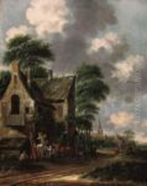 Horsemen By An Inn; And Travellers In A Coach Taking Refreshmentoutside An Inn Oil Painting by Thomas Heeremans