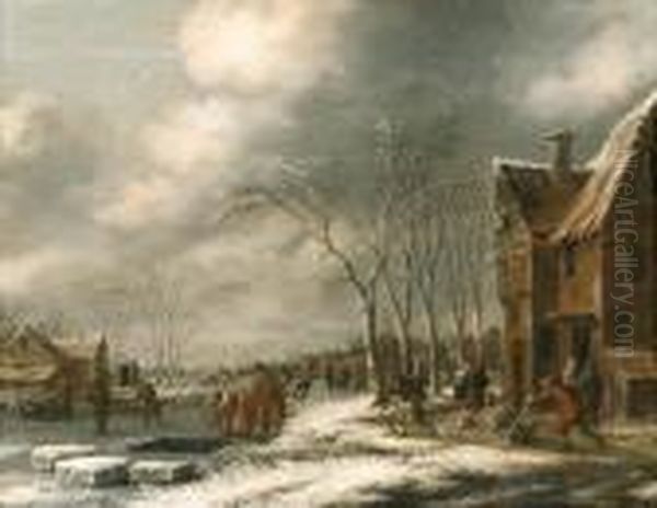 A Winter Landscape With Villagers On A Frozen Waterway Oil Painting by Thomas Heeremans