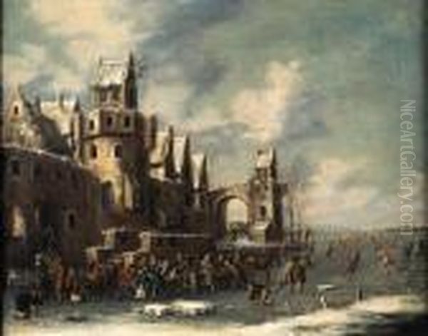 A Winter Landscape, With Skaters And Horse-drawn Sledges Beneaththe Walls Of A Town Oil Painting by Thomas Heeremans