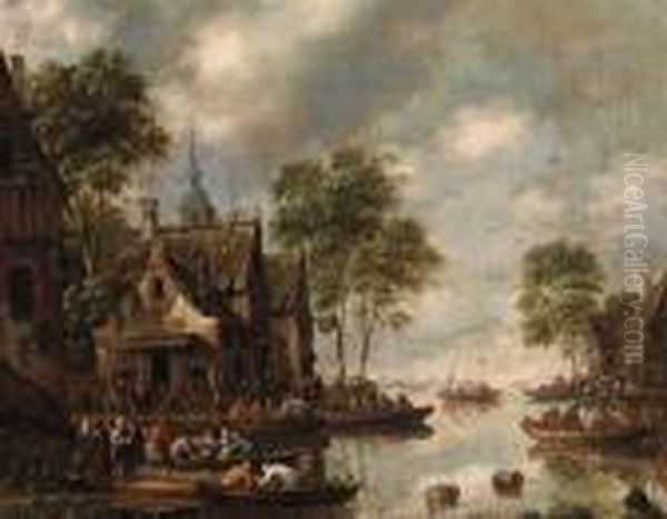 Figures Before The Swan Inn On The Banks Of A River Oil Painting by Thomas Heeremans