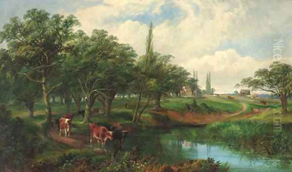 Cattle watering in Epping Forest Oil Painting by Edwin L. Meadows