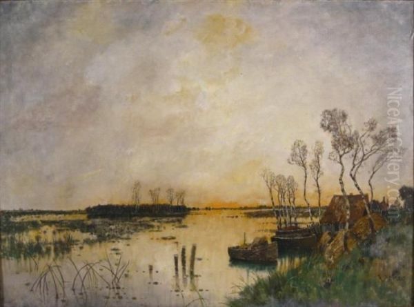 River Landscape With Boats Oil Painting by Karl Heffner