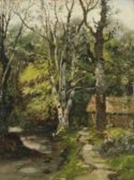 Rastendes Bauernmadchen Am Waldbach Oil Painting by Karl Heffner