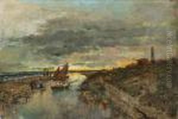 Abend Bei Cuxhaven. Kuste Mit Leuchtturm Und Fischerbooten Oil Painting by Karl Heffner