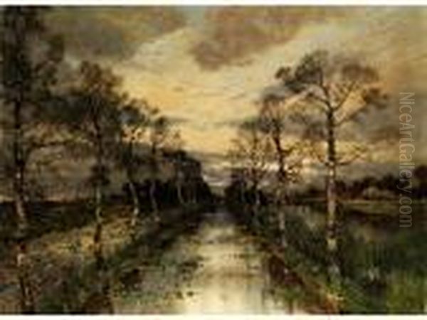 Herbstliche Flachlandschaft Mit 
Einem Kanal, Von Birken Gesaumt, Unter Regnerischem Wolkenhimmel Oil Painting by Karl Heffner