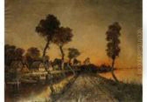 Abendliche Landschaft Mit Deichweg Und Strohgedeckten Bauernhausern Oil Painting by Karl Heffner