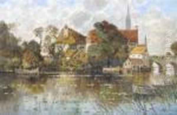 Waterside Village Oil Painting by Karl Heffner