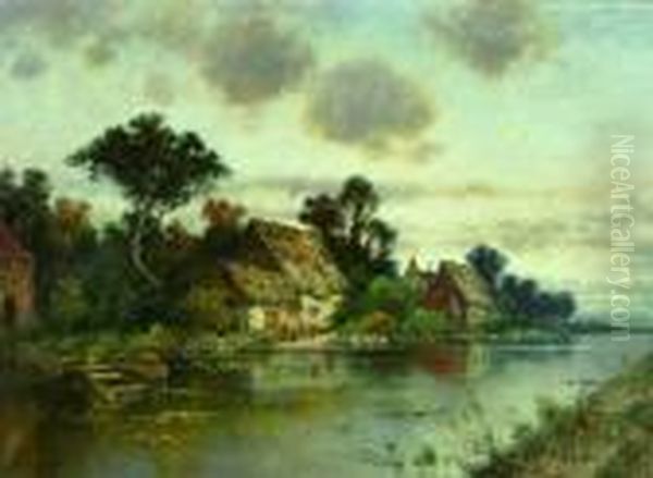 Flusslandschaft Mit Reetgedeckten Hausern. Oil Painting by Karl Heffner