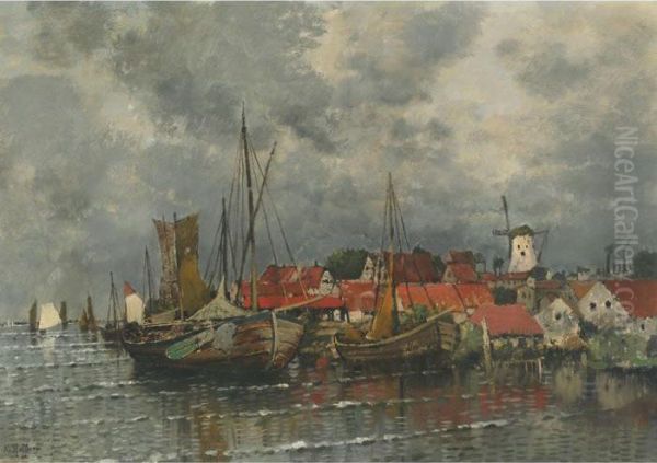 Fishing Boats In A Village Harbour Oil Painting by Karl Heffner