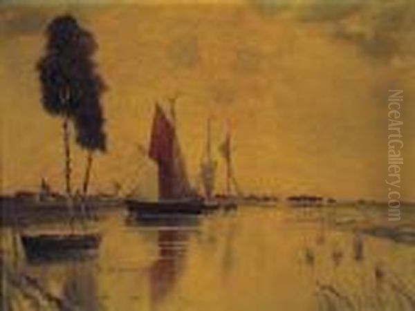 Sailboats On The Water With A Town And Windmill Beyond Oil Painting by Karl Heffner