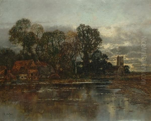 A View To Cottages And A Church Across A River Oil Painting by Karl Heffner