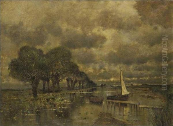 River Landscape With Sailboat Oil Painting by Karl Heffner