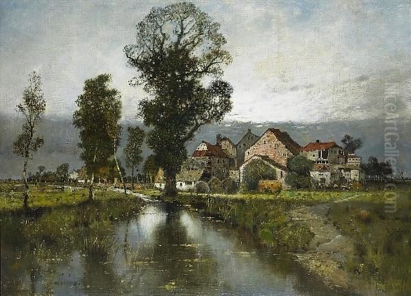 A Village Beside A Tranquil River Oil Painting by Karl Heffner