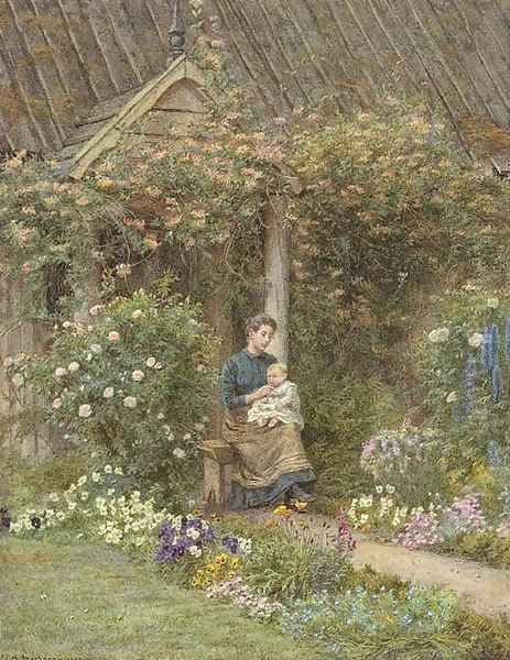 A mother feeding her infant at the cottage door Oil Painting by Edith Martineau