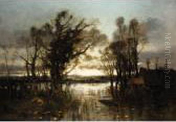 Evening Lake Scene Oil Painting by Karl Heffner