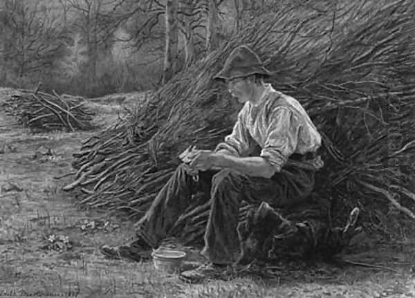 A Woodcutter sitting on a Log eating Lunch Oil Painting by Edith Martineau