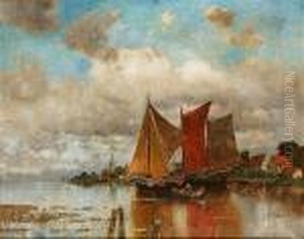 Fishing Boats In An Estuary Oil Painting by Karl Heffner