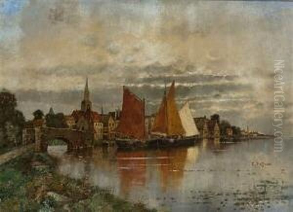 Fischerboote Im Hafen Einer
 Niederlandischen Stadt. Oil Painting by Karl Heffner