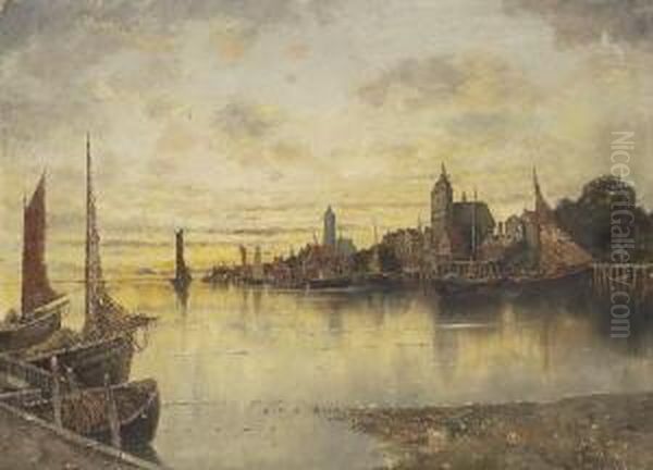 Blick Auf Eine Hafenstadt An Der
 Ostsee. Oil Painting by Karl Heffner