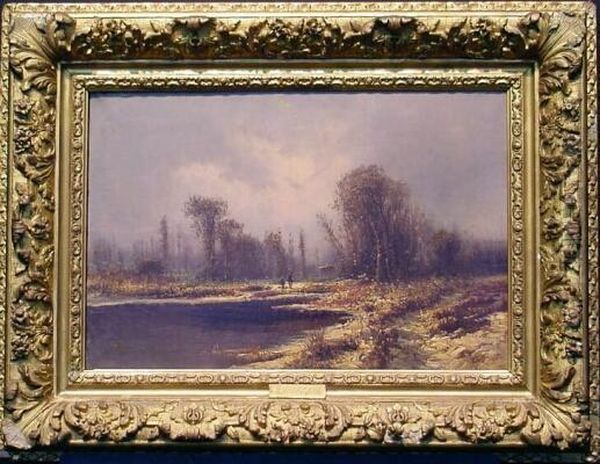 Hunters In A River Landscape Oil Painting by Karl Heffner