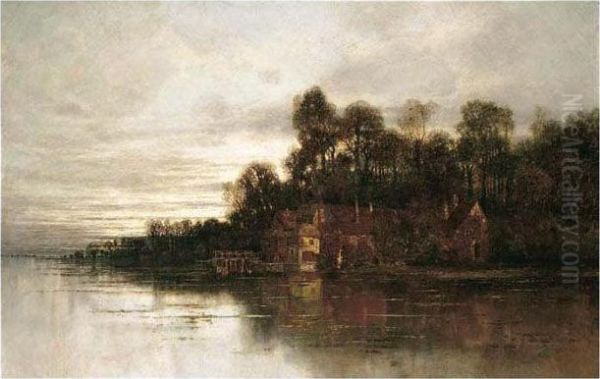 Das Dorf Am See (a Village By A Lake) Oil Painting by Karl Heffner