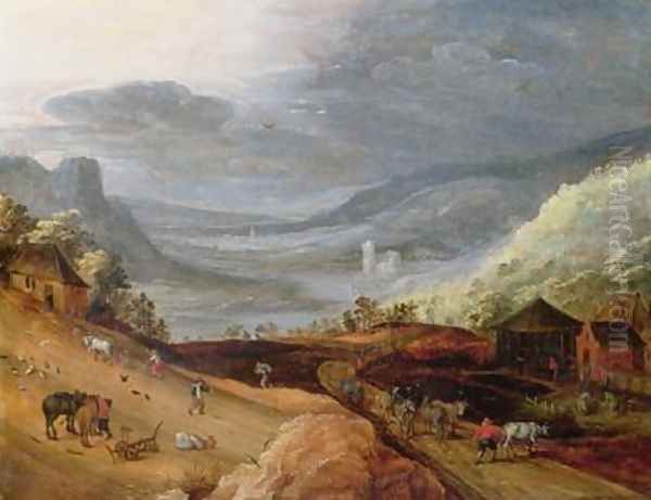 Rural Landscape with a Farmer Bridling Horses a Ploughman a Sower and a Drover driving Cattle Oil Painting by Josse de Momper