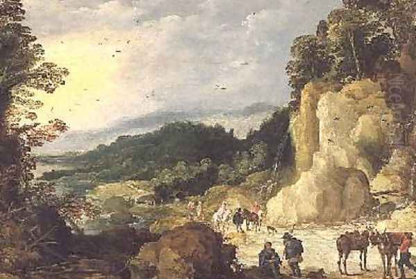 A Mountain Landscape with a Waterfall and Travellers at a Ford Oil Painting by Josse de Momper