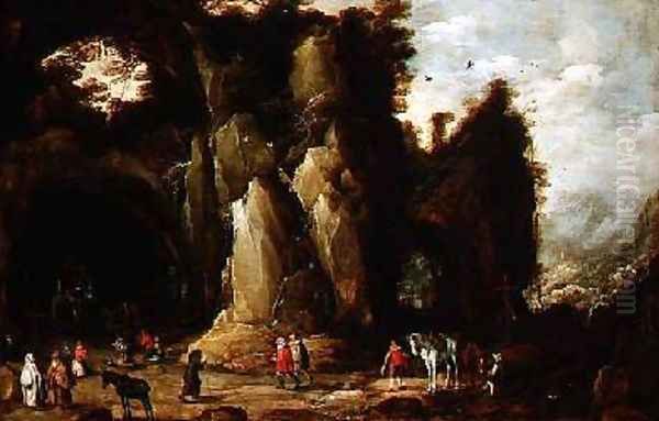 Pilgrims in a rocky grotto Oil Painting by Josse de Momper