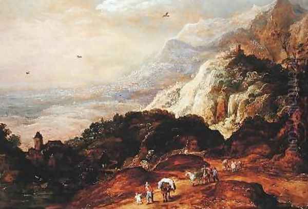 A Mountainous Landscape with Figures and Mules Oil Painting by Josse de Momper