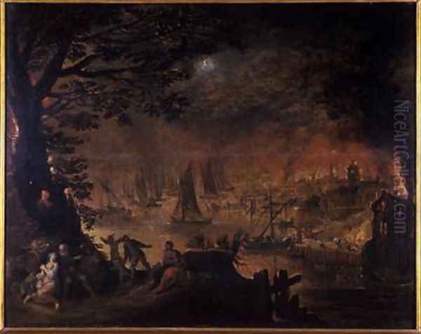 Burning town by the sea Oil Painting by Josse de Momper