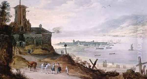 Hillside Town overlooking a Harbour Oil Painting by Josse de Momper