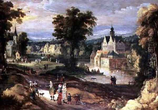 Figures in a landscape with village and castle beyond Oil Painting by Josse de Momper