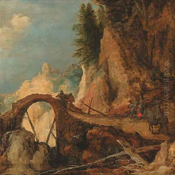 A mountain landscape with travellers on a path approaching a bridge over a gorge - a fragment Oil Painting by Josse de Momper