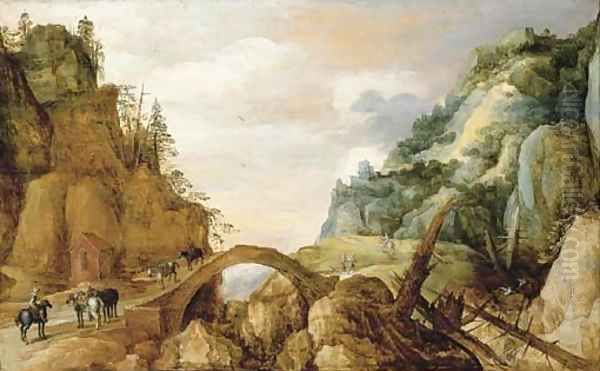 A mountainous landscape with horsemen and travellers crossing a bridge Oil Painting by Josse de Momper