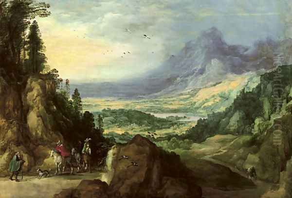 A mountainous landscape with horsemen meeting a beggar on a path, a lake in the distance Oil Painting by Josse de Momper