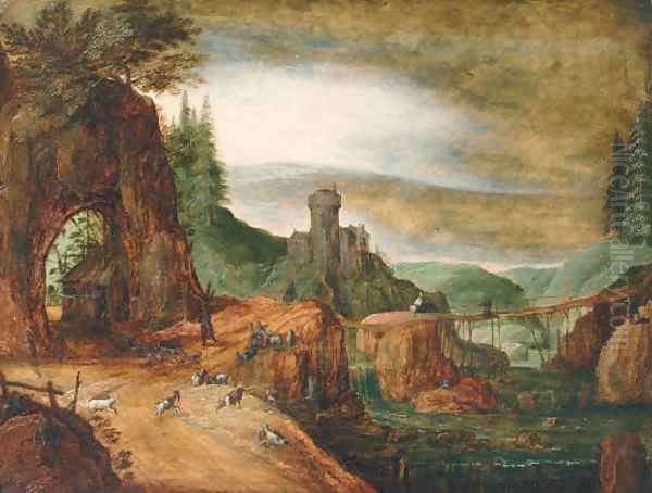 A rocky river landscape with peasants and their goats by a path, a fortified dwelling beyond Oil Painting by Josse de Momper