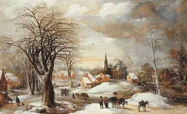 A winter landscape with a muleteer and villagers conversing by his train, travellers by a house and faggot-gatherers with their wagons on a path, a vi Oil Painting by Josse de Momper