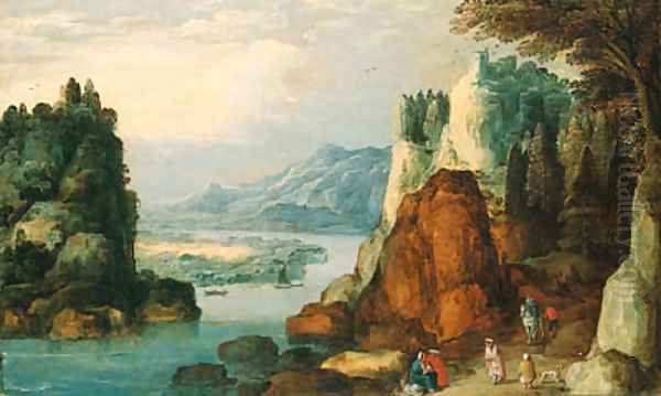 An Alpine landscape with travellers and gypsies on a path Oil Painting by Josse de Momper