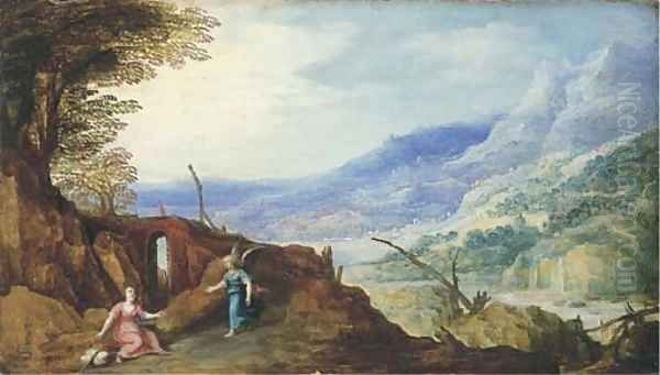 An extensive mountainous landscape with an angel appearing to Hagar Oil Painting by Josse de Momper