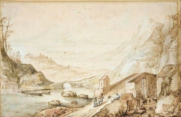 An extensive mountainous landscape with travellers crossing a bridge Oil Painting by Josse de Momper